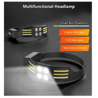 Налобный фонарь PL-173, 4хLED, 3хCOB, Красный, Белый, Жёлтый, ЗУ Type-C, Сенсор - 6