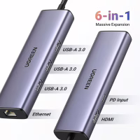 Концентратор Ugreen USB-C 6-in-1 3xUSB 3.0 + HDMI 4K@30Hz + RJ45 1000Mbps + PD silver (15598) - Image 3