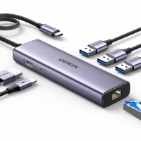 Концентратор Ugreen USB-C 6-in-1 3xUSB 3.0 + HDMI 4K@30Hz + RJ45 1000Mbps + PD silver (15598) - Image 1