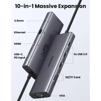 Концентратор Ugreen USB3.1 Type-C to HDMI/VGA/USB 3.0х3/RJ45/SD/TF/PD/35мм TRRS 100W 10-in-1 (15601) - 3