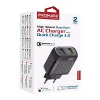 Зарядний пристрій Promate 18W 2xUSB-A (biplug-qc3.eu-bk) - 2