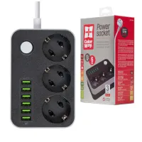 Мережевий фільтр живлення ColorWay CW-CHЕ36B, 3 розетки/6USB Black 1.8M (CW-CHE36B) - 2