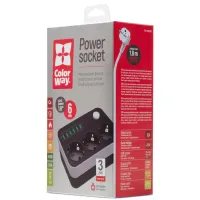 Мережевий фільтр живлення ColorWay CW-CHЕ36B, 3 розетки/6USB Black 1.8M (CW-CHE36B) - 9