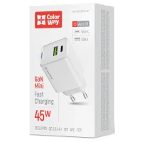 Зарядний пристрій ColorWay C101E GaN Mini 45W PD PPS USB-C + USB-A QC4.0 white (CW-CHS060PD-WT) - 6