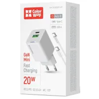 Зарядний пристрій ColorWay C101A GaN Mini 20W PD PPS USB-C + USB-A QC4.0 + cable USB-C to USB-C black (CW-CHS062PDC-WT) - 6