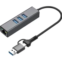 Концентратор USB 3.0 Type-C/Type-A to RJ45 Gigabit Lan, 3*USB 3.0, cable 13 cm Dynamode (DM-AD-GLAN-U3) - 1
