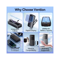 Батарея універсальна Vention 20000 mAh 22.5W with Built-in USB-C and Lightning Cables (FHPB0) - Image 5
