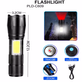 Ручной фонарь C609-T6(Red)+COB(White), Li-Ion аккумулятор, ЗУ microUSB, zoom