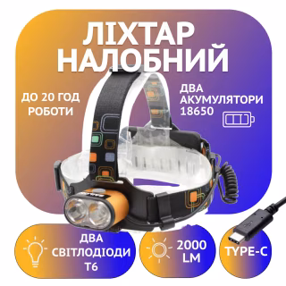 Налобный фонарь PL-133, BL-2128-T6, Акк. 2х18650, 2xT6, TYPE-C
