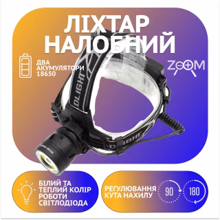 Налобный фонарь PL126, Акк., T6 LED, Zoom, автомобильная зарядка