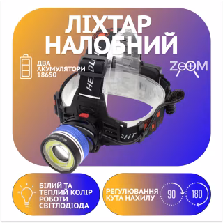 Налобный фонарь PL127, Акк., T6 LED, Zoom, автомобильная зарядка