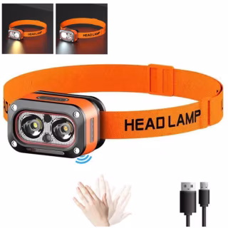 Налобний фонар G08-2XPG, Білий; Жовтий, LED Червоний, Датчик руху, Li-Ion акумулятор, ЗУ Type-C