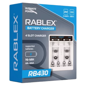 Зарядний пристрій Rablex RB430, 4xAA, AAA, 9V, 2A, Type-c