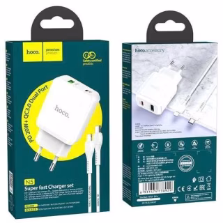 Сетевое зарядное устройство Hoco N5 Fast Charge (20W) + кабель Type-C to Lightning