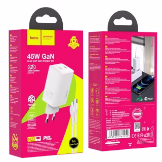 Сетевое зарядное устройство Hoco N23 Fast Charge (45W) + кабель Type-C to Lightning