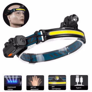 Налобный фонарь Bailong BL-W678-1-P50+COB, сенсор, Li-Ion аккум. ЗУ Type-C