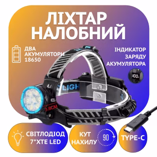 Налобний ліхтар Police PL-174, 2х18650 акум, 7хXTE LED, індикатор заряду, Type-C