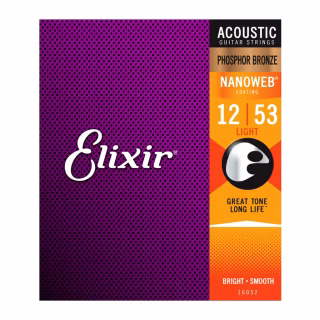 Струны для гитары Elixir 16052 Nanoweb Phosphor Bronze Acoustic Light (12-53) (240663)