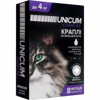 Капли для животных Unicum COMPLEX против блох, клещей и гельминтов на холке для кошек 0-4 кг/4 шт (4820150202484)