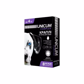 Капли для животных Unicum COMPLEX от блох, клещей и гельминтов на холку для собак до 4 кг/4 шт (4820150202507)