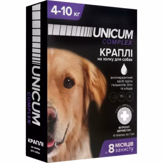 Капли для животных Unicum COMPLEX от блох, клещей и гельминтов на холке для собак 4-10 кг/4 шт (4820150202514)