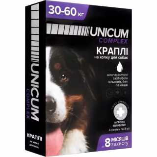 Капли для животных Unicum COMPLEX от блох, клещей и гельминтов на холку для собак 30-60 кг/4 шт (4820150207342)