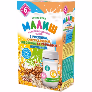 Детская смесь Малиш На молочно-зерновой основе с рисовой, кукурузной, гречневой мукой 350 г (4820199502156)