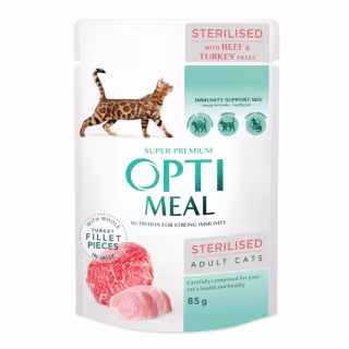 Влажный корм для кошек Optimeal для стерилизованных/кастрированных с говядиной и индюшиным филе в желе 85 г (4820215365901)