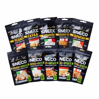 Сыр сушеный snEco Набор из 10 видов: Small 5 упаковок по 14 г + Микс с орехами 5 упаковок по 20 г (4823095054989)