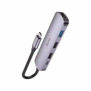 Концентратор HOCO USB-C to HDMI+USB3.0+2xUSB2.0+PD HB27 Metal Gray (6931474769329)