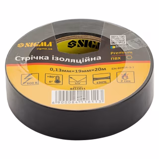 Изоляционная лента Sigma ПВХ черная 0.13мм*19мм*20м Premium (8411611)