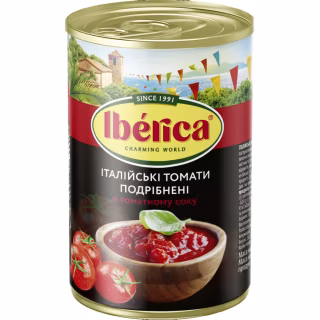 Овочева консервація Iberica Нарізані очищені томати у томатному соку 400 г (8435761500018)