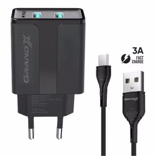 Зарядний пристрій Grand-X CH-15T 5V 2.1A 2USB Black + cable USB -> Type-C (CH-15T)