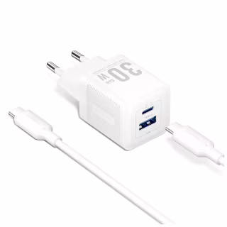 Зарядний пристрій Vention 1xUSB-C PD30W + 1xUSB QC3.0 30W GaN + cable USB-C to USB-C 1.0m white (TZ-FEQW0-EU-01)