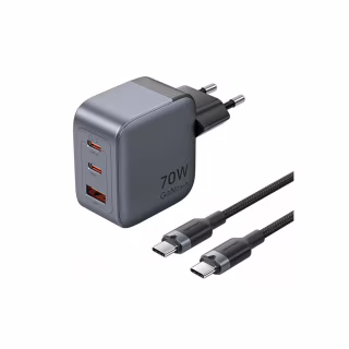 Зарядний пристрій Vention 2xUSB-C PD70W + 1xUSB QC3.0 22.5W GaN + cable USB-C to USB-C 1.0m black gray (TZ-FEXH0-EU)