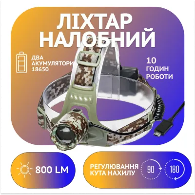 Налобный фонарь PL151, 2х18650, ЗУ microUSB, T6, Zoom