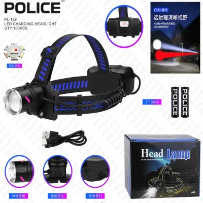 Налобный фонарь Bailong PL-188, Red+White, 2x18650, Type-C, TG LED, Zoom