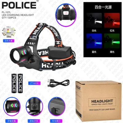 Налобный фонарь Bailong PL-107L, Red+Green+Blue+White, 2x18650, Type-C, TG LED, Zoom