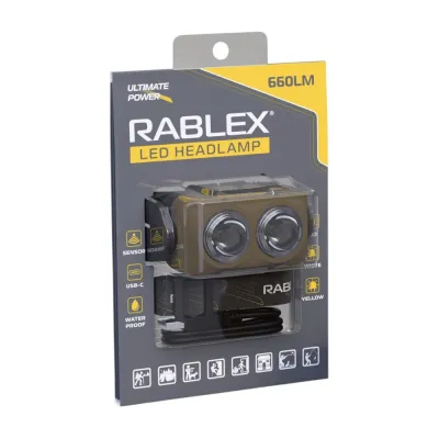 Налобный фонарь Rablex RB976, жёлтый+белый+красный, 3хT6+4хCOB, Sensor, аккум, Type-C