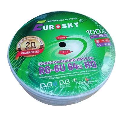 Коаксиальный кабель EUROSKY RG-6U 64% 100м 75Ohm, / белый / антенный/ телевизионный