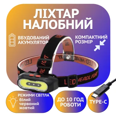 Налобный фонарь PL-166, COB, 2XP, Li-on 18650, ЗУ Type-C