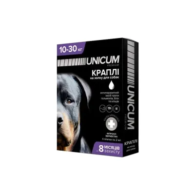 Краплі для тварин Unicum COMPLEX від бліх, кліщів та гельмінтів на холку для собак 10-30 кг/4 шт (4820150202521)
