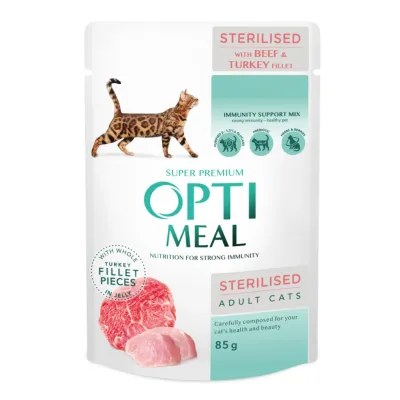 Вологий корм для кішок Optimeal для стерилізованих/кастрованих з яловичиною та індичим філе в желе 85 г (4820215365901)