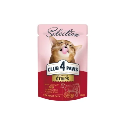 Вологий корм для кішок Club 4 Paws Selection Плюс Смужки з яловичиною в крем супі з броколі 85 г (4820215368100)