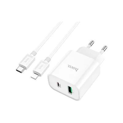 Зарядное устройство HOCO C80A Plus Rapido 1xUSB-C PD20W + 1xUSB QC3.0 + cable USB-C to Lightning White (6931474779892)