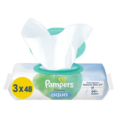 Дитячі вологі серветки Pampers Harmonie Aqua 3 пачки х 48 шт (8006540458525)