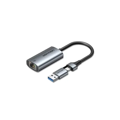 Перехідник USB-C + USB A to RJ45 Ethernet 1000Mbps 0.15m aluminum gray Vention (CFQHB)