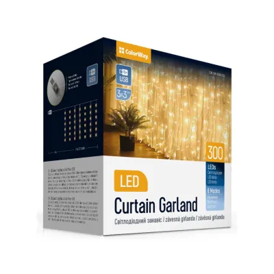 Гірлянда ColorWay Штора завіса 3 x 3 м 300 LED USB теплий колір (CW-GW-300L33U)