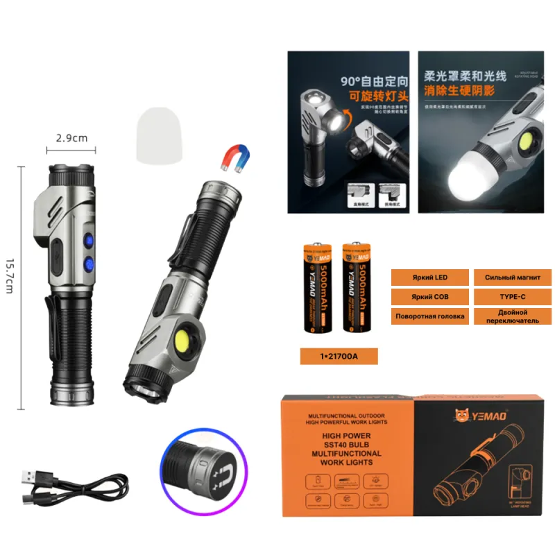Ручной фонарь YEMAO YM-F303X, 1600LM, 2x21700 аккум, TYPE-C