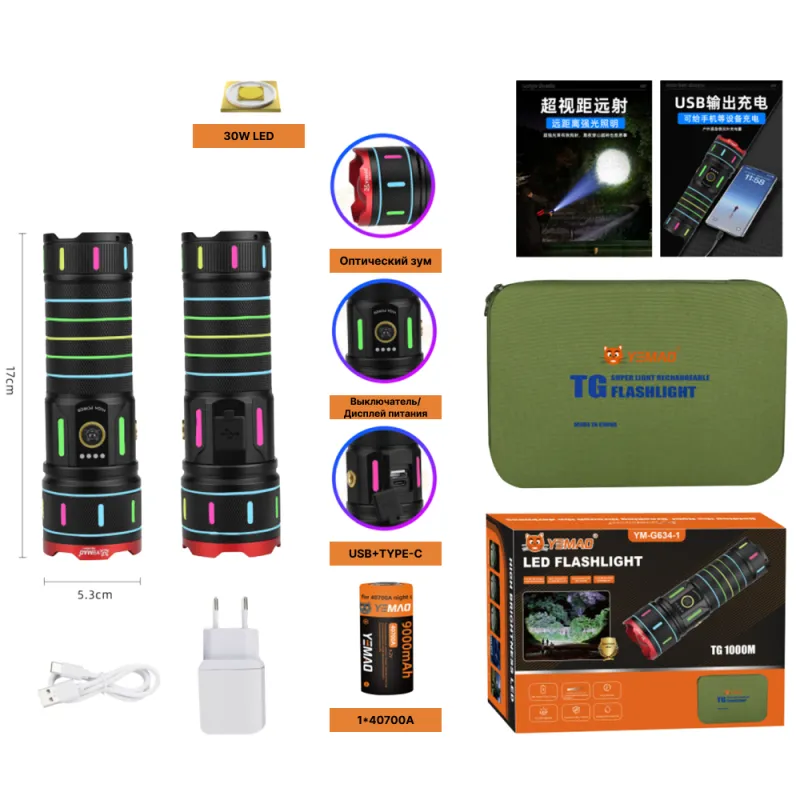 Ручной фонарь YEMAO YM-G634-1, 2500LM, 30W LED, 1*40700 аккум, TYPE-C